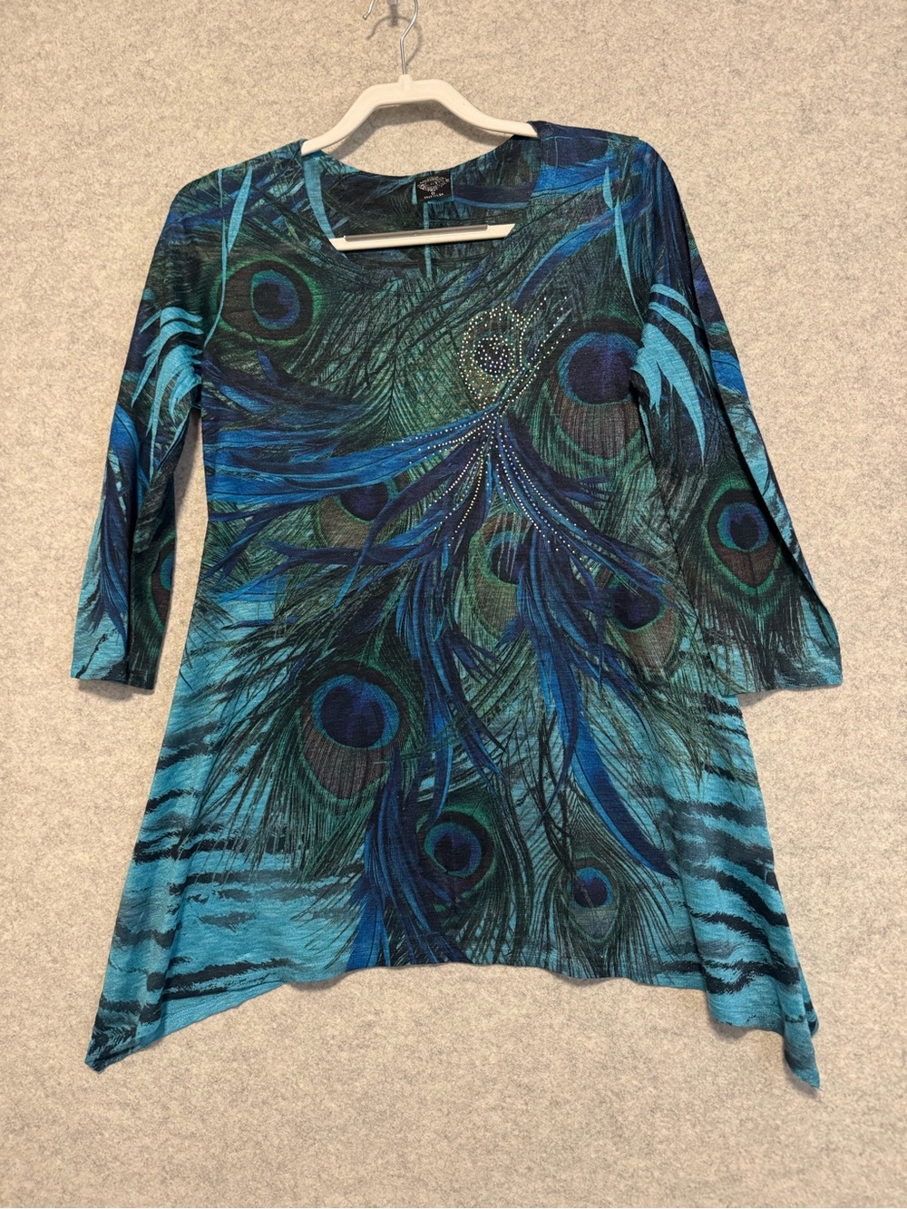 CALSTYLE Peacock-Print Blue Green Scoop-Neck Tunic with Rhinestone Accent